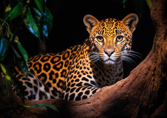 Leopard portrait in the jungle at night. Big cat in the forest.