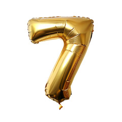 Number 7 gold foil balloon on transparent background.