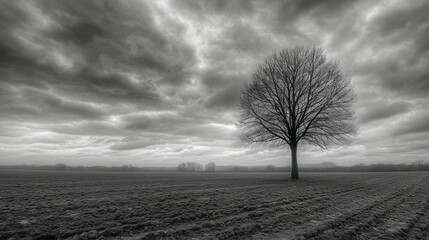 monochrome landscape with moody clouds and a lone tree, conveying a sense of solitude and contemplation - obrazy, fototapety, plakaty