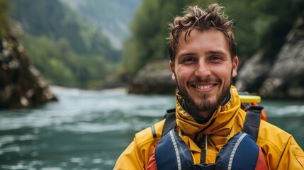 Portrait of excited young man in yellow jacket stands near river in mountains and looking at camera...