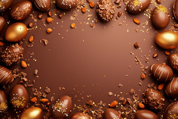 chocolate eggs and nuts on a brown surface