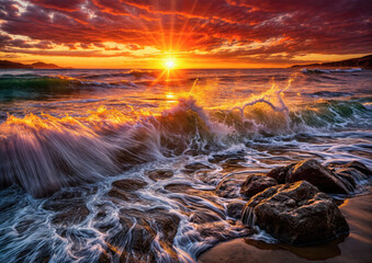 Beautiful seascape. Colorful sunset over the sea.