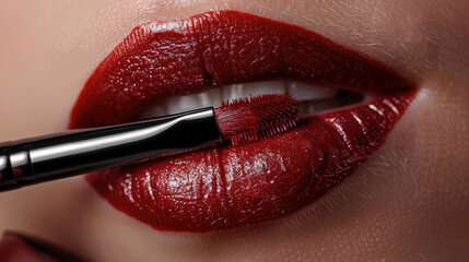 A woman is applying red lipstick with a brush - 772944521