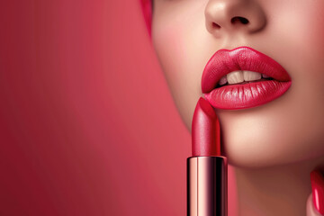 A woman is wearing red lipstick and is holding a red lipstick - 772944530