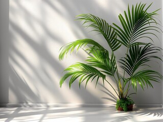 Obraz premium Spring sunlight in green palm branch with shadow on white marble tile wall, sunlight on white wall background
