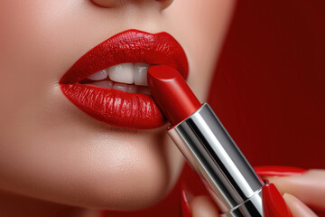 A woman is applying red lipstick - 772944733