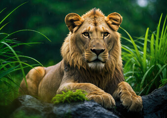 Portrait of lion in the rain. Wildlife scene from nature.