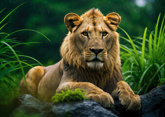 Obraz premium Portrait of lion in the rain. Wildlife scene from nature.