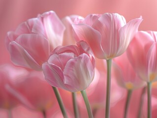 Fototapeta premium spring flower composition with delicate pink tulips against a pastel pink background.