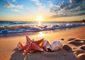 Fototapeta na wymiar Starfish and seashells on the sandy beach at sunset.