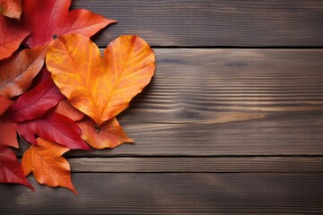 Naklejka na ściany i meble A heart-shaped orange leaf among red autumn leaves on a rustic wooden surface. Autumn Leaves on Dark Wooden Background