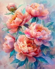 Peony bouquet in watercolor, warm tones, visible brushstrokes, 8K resolution, lush and vibrant