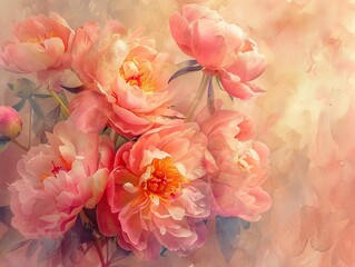 Warm tone watercolor peony bouquet, 8K, soft brushstrokes, rich and inviting texture