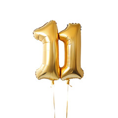Number 11 gold foil balloon isolated on transparent background. Helium balloon font.