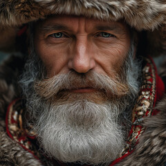 Image of an adult man with a gray beard wearing a hat and a fur collar, an elderly man in winter clothes 