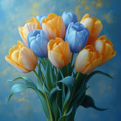 A bouquet of colored yellow and blue tulips  