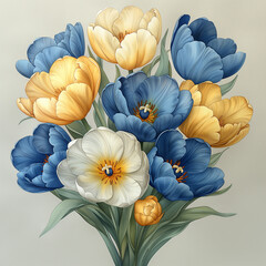 A bouquet of colored yellow and blue tulips  