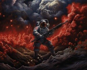 A vintage-style album cover featuring a dark, starry war scene, with blooms and chemical clouds enveloping focused ancient warrior