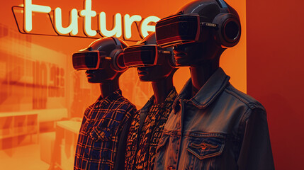 a group of mannequins wearing virtual reality goggles
