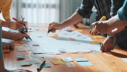 Close up of developer team using mind map to brainstorm idea. Top view of skilled group of business people working together writing marketing strategy by using markers and sticky notes. Symposium.
