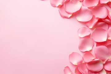 Beautiful pink rose petals scattered on a soft pink background, providing space for text or design elements. Rose Petals on Pink Background with Copy Space