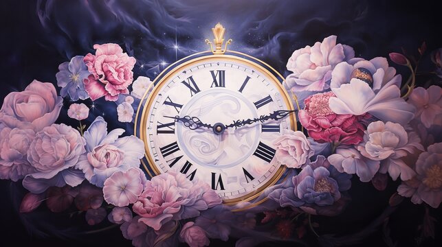 Antique clock where each hour is marked by a different phase of flower bloom timeless beauty