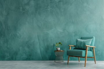 Modern interior with a single chair and decorative branches against a textured turquoise wall.
