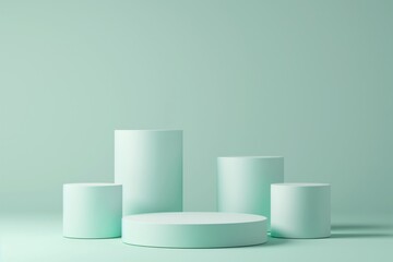 Several geometric pastel-green podiums on a monochrome background.
