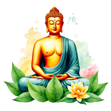 Gautam buddha sitting in a lotus position, bodhi tree leaves behind surrounding, watercolor illustration, clipart, vector, calm, peaceful meditation, for scrapbook, journaling, cutout, religious art