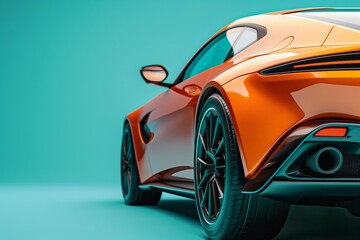 Close-up of a sports car in burnt orange color against a turquoise background.
