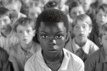 Obraz premium Black and white photograph collected together of a group of children surrounding an African American boy, racism concept