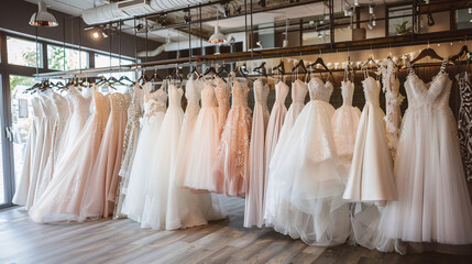 Luxurious wedding dresses hanging in a wedding salon