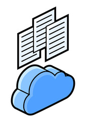 Cloud and paper icon in isometry. Storage of information and files. Image for website, app, logo, UI design.