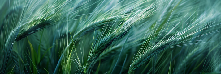 Close-up of green wheat field swaying in breeze.