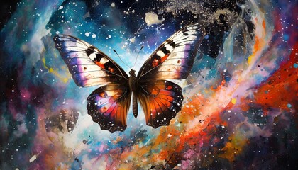 butterfly on the wall, wallpaper bright tropical butterfly in the vastness of the universe against the backdrop of abstract paint stains - obrazy, fototapety, plakaty