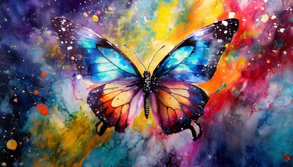 butterfly on the wall, wallpaper bright tropical butterfly in the vastness of the universe against the backdrop of abstract paint stains