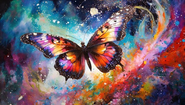 butterfly on the wall, wallpaper bright tropical butterfly in the vastness of the universe against the backdrop of abstract paint stains
