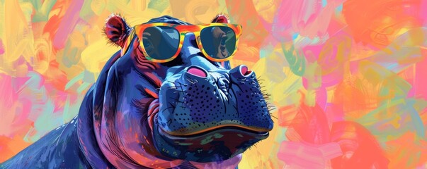 Colorful illustrated portrait of a hippopotamus with sunglasses - obrazy, fototapety, plakaty