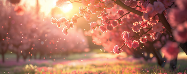 Sunrise amidst blooming cherry trees in a tranquil orchard.