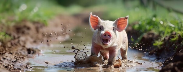 Happy piglet running through a muddy puddle in the countryside