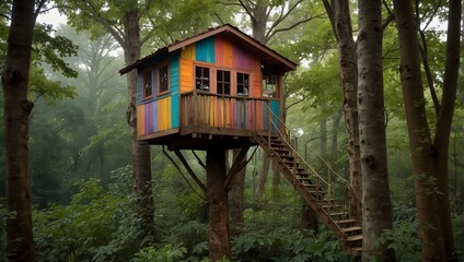 Fototapeta na wymiar A whimsical treehouse hidden in the canopy, painted in a patchwork of colors to mimic a bird's plumage Generative AI