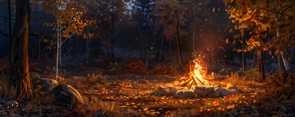 Autumn evening at a forest campfire