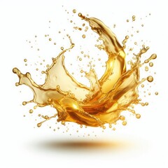 dynamic and fluid motion of a golden liquid, possibly oil or a thick beverage, splashing in the air against a white background