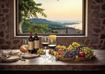Wine tasting in Provence, France. Two glasses of red and white wine, grapes and fruits on wooden table with panoramic view of the city