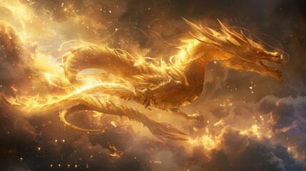 Craft a majestic image featuring a golden dragon