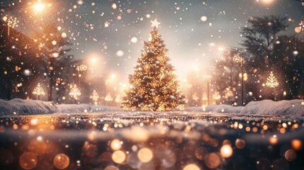 winter wonderland with a sparkling Christmas tree, snowflakes, and twinkling lights, evoking the enchantment of the holiday season