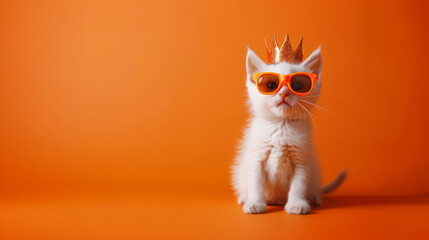 Funny white cat in golden crown and sunglasses on orange background. Kingsday celebration in the Netherlands concept. Banner with space for text - obrazy, fototapety, plakaty