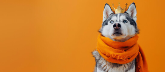Husky Dog in golden crown on orange background. Kingsday celebration in the Netherlands concept. Banner with space for text