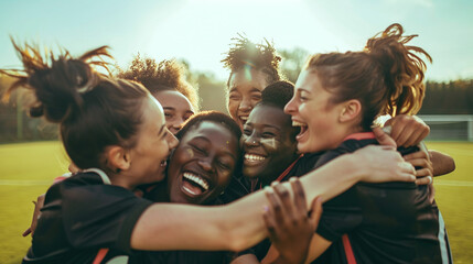 A team of athletes hugs and rejoices in victory - obrazy, fototapety, plakaty