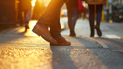 Close-up of walking feet on city street at sunset.